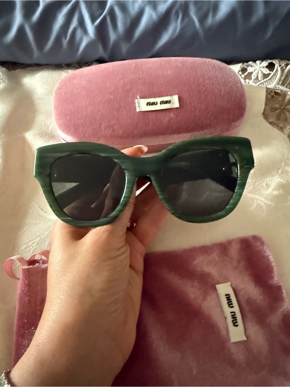 Miu Miu Green Acetate Sunglasses with Dark Lenses
